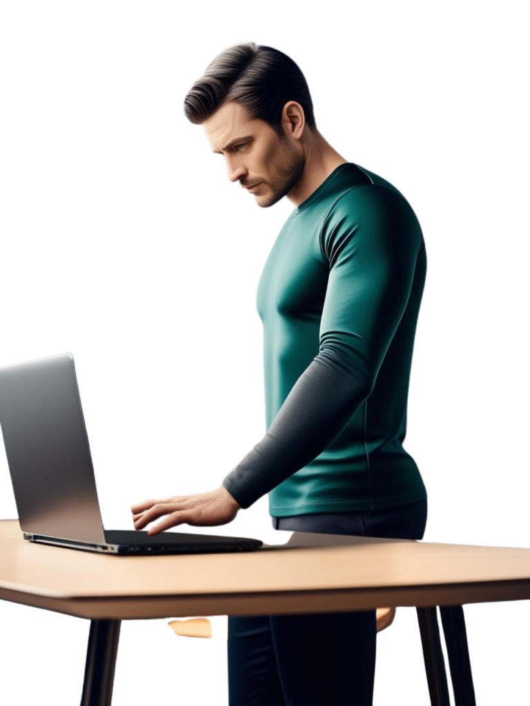 Man typing on a laptop while standing, focused on work.