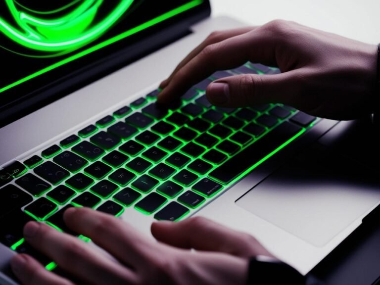 Hands typing on a laptop with neon blue lighting, highlighting a digital workspace.